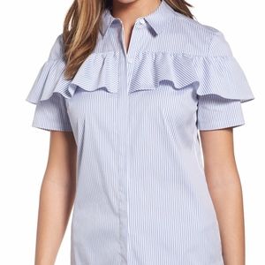 HALOGEN Ruffle Front Poplin Shirt Blouse NEW Small